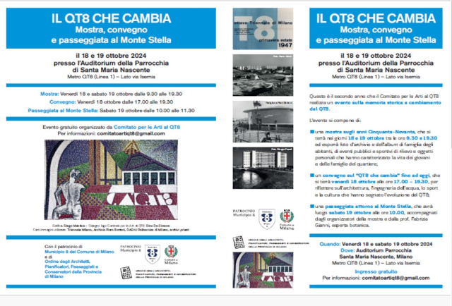 Il volantino del convegno 'Il QT8 che cambia' dell'ottobre 2024, a cui il Museo ha collaborato (foto pubblicata per gentile concessione del ComitatoArtiQT8)