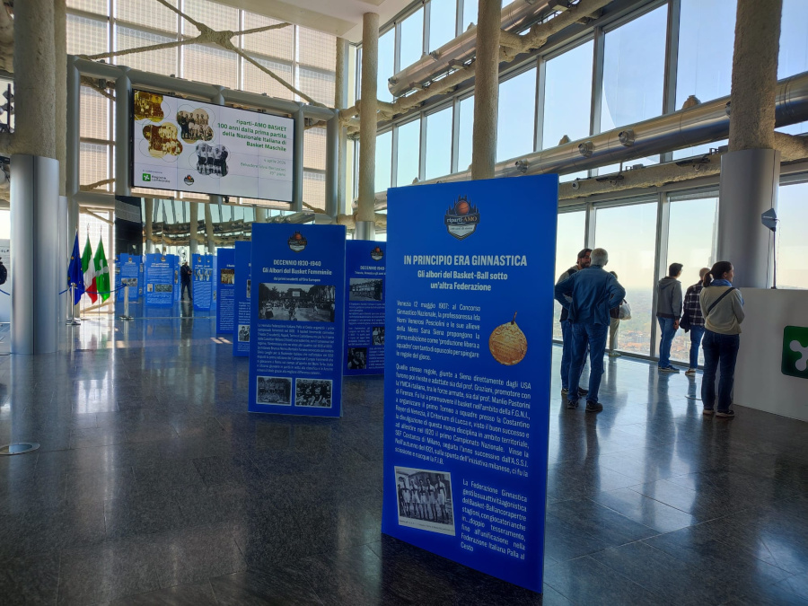 Panoramica sui totem allestiti presso la Sala Berlusconi del Palazzo della Regione Lombardia (39simo piano) il 4 aprile 2026 a celebrazione della prima partita della Nazionale Maggiore e realizzati in collaborazione con il Nostro Museo (foto MDB-MI)