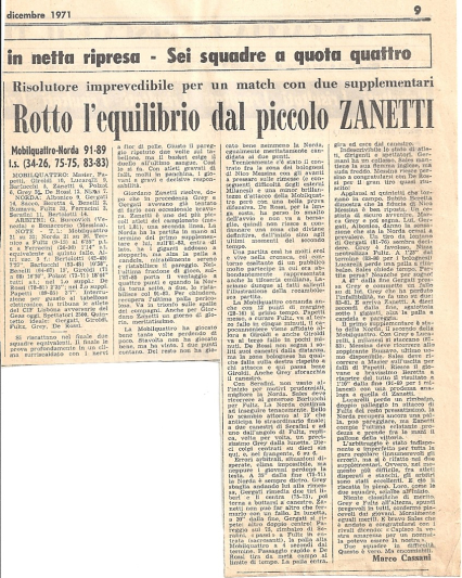 Ritaglio de 'La Gazzetta dello Sport' del 9 dicembre 71 a commento della vittoria della Mobilquattro al supplementare contro la Norda Virtus Bologna (dall'archivio personale di Giordano Zanetti) 